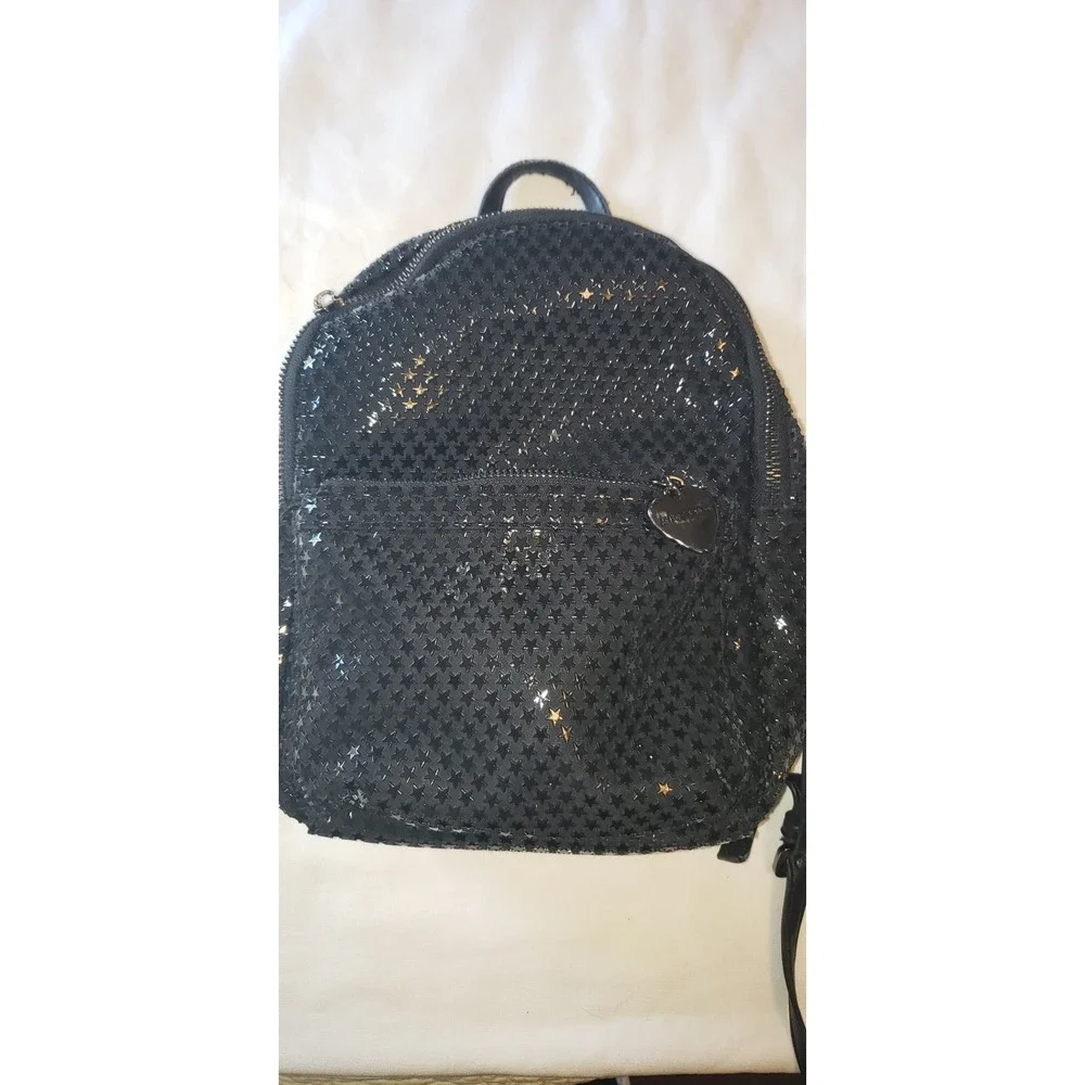 Betsey Johnson Black Star Embossed Mini Backpack Heart Charm Logo Bag